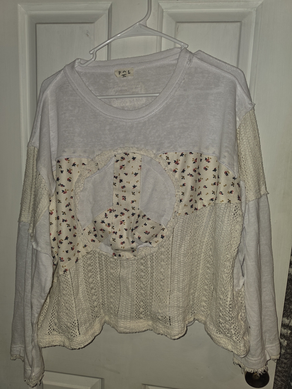 POL Cream & White Patchwork Peace Sign Knit Sweatshirt